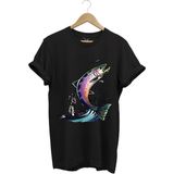 Balık Avı Baskılı Fishing Olta Ile Balık Tutmak Turna Levrek Balığı Regular Fit %100 Pamuk Tişört - Siyah - 2XL