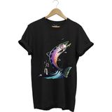 Balık Avı Baskılı Fishing Olta Ile Balık Tutmak Turna Levrek Balığı Regular Fit %100 Pamuk Tişört - Siyah - XL