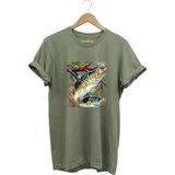 Balıkçılık Avcılık Olta ile Balık Tutmak Sazlık Alabalık Levrek Baskılı Pamuk Regular Fit T-Shirt - Haki Yeşil
