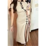 BALİNA Beyaz Mandarin Yaka Siyah Şeritli Qipao Y2K Elbise
