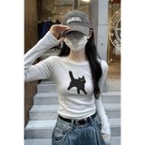 BALİNA Kar Melanj Cat Bisiklet Yaka Street Y2K Uzun Kollu Crop