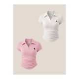 BALİNA Pembe ve Beyaz Polo Yaka Fitilli Premium Bluz