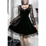 BALİNA Siyah Vintage Gotik Dantel Kollu Fiyonklu Kadife Elbise