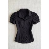 Balina Siyah Vintage Mini Puff Sleeve Goth Y2K Kısa Kollu Gömlek - XS