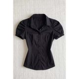 BALİNA Siyah Vintage Mini Puff Sleeve Goth Y2K Kısa Kollu Gömlek