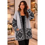 BALİS PİJAMA Kadın Gri Siyah Etnik Desenli Cepli Triko Hırka Otantik Geometrik Desenli Uzun Kimono Hırka Rahat Kalıp Bohem Tarz Cepli Hırka Özel Gün Hediye Tüm Sezonlar Şık Tasarım Hırka