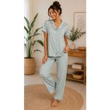 BALİS PİJAMA Kısa Kollu Full Düğmeli Gömlek Yaka Şık Desenli Terletmeyen Tüm Mevsimler için Pijama Takımı Lohusa Homewear