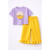 BALKABAĞI Lila T-shirt + Güneş Sarısı Fırfırlı Müslin Pantolon Çiçekli Kız Çocuk %100 Pamuk Takım (2-8 Yaş)