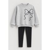 BALKABAĞI Simli Pul Nakışlı Kız Çocuk Pamuk Sweatshirt & Kadife Fitilli Tayt Takım (4-9 Yaş)