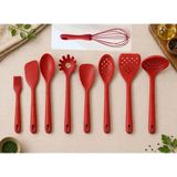 Ballarini 9 Parça Silikon Spatula Fırça Kaşık Kevgir Çırpıcı Makarna Kaşığı Servis Seti Kırmızı