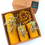 Balmumu Mum Dekoratif Hediye Kutusu 4 Lü Set Doğal Petek Beeswax Candle Açmış Gül (Yeşil Krem - Çok Renkli