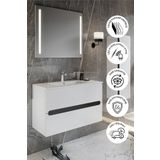 BALNEOM Banyo Kadife Beyaz Parlak Hıgh Gloss Demonte 80 Cm Banyo Dolabı Ledli Aynalı Üst Dolap Boy Dolabı