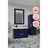 Balneom Erguvan 80 cm Gümüş Kulp Lacivert Ayna Lavabo Banyo Boy Dolabı