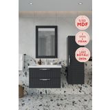 BALNEOM Erguvan Gümüş Kulp Antrasit 80 Cm %100 Mdf Lavabolu Banyo Dolabı Ayna Lavabo Boy Dolabı