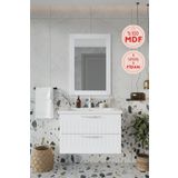 BALNEOM Erguvan Gümüş Kulp Beyaz Demonte 80 Cm Lavabolu Banyo Dolabı Ayna Lavabo