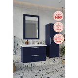 BALNEOM Erguvan Gümüş Kulp Lacivert Demonte 80 Cm Lavabolu Banyo Dolabı Ayna Lavabo Boy Dolabı