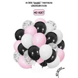 BALOMİS 40 Adet Modern Parti Konseptine Uygun Pembe Siyah Beyaz Şeffaf Balon Seti 11 İnç Doğum Günü Süsü