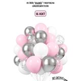 BALOMİS Pembe Beyaz Krom Gümüş Ve Şeffaf Balon Seti 11 İnç