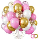 Balon Diyarı 15 adet Pembe-Beyaz Krom Gold- şeffaf Konfetili Kaliteli balon seti - Pembe - Gold
