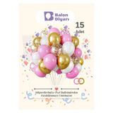 BALON DİYARI 15 Adet Pembe-beyaz Krom Gold- Şeffaf Konfetili Kaliteli Balon Seti