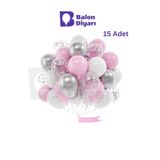 BALON DİYARI 15 adet Pembe Gümüş şeffaf balon pulu balon seti