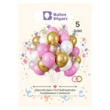 BALON DİYARI 5 adet Pembe-Beyaz Krom Gold- şeffaf Konfetili Kaliteli balon seti