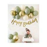 BALON DİYARI 7 Adet Küf Yeşili 3 Adet Krom Gold 3 Adet Kum Rengi Pastel Balon + Gold Happy Birthday Banner