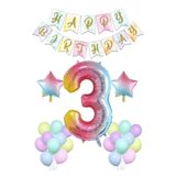 BALON DİYARI Gökkuşağı Konsepti 3 Yaş Doğum Günü Parti Kutlama Seti Rakam Ve Yıldız Folyo Banner Ve Makaron Balon