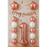 BALON DİYARI Rose Gold 1 Yaş Doğum Günü Kutlama Seti; Beyaz Rose Gold Balon, Rakam Yıldız Folyo Ve Banner