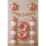 BALON DİYARI Rose Gold 3 Yaş Doğum Günü Kutlama Seti; Beyaz Gold Balon, Rakam Yıldız Folyo Ve Banner