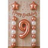 BALON DİYARI Rose Gold 9 Yaş Doğum Günü Kutlama Seti; Beyaz Gold Balon, Rakam Yıldız Folyo Ve Banner