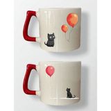 Balon Kedi Baskılı 2'li Kupa - Anneler Günü Hediye, Evlilik Yıldönümü Hediyesi Kadın - Bej