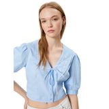 Balon Kol Bluz Bebe Yaka Düğmeli Kısa Kollu Nakışlı Slim Fit