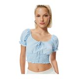 Balon Kol Poplin Crop Bluz Gipeli Önden Bağlama Detaylı