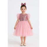 Balon Kol Pul Payet Kız Çocuk Tütü Elbise M00751 - 10 Yaş - Pembe