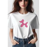 Balon Köpek Baskılı Beyaz Oversize Kalıp Bisiklet Yaka Tshirt - XL
