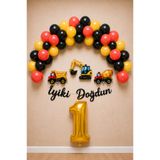 BalonArt İnşaat Temalı Doğum Günü Seti Kırmızı Sarı Siyah Balon Zinciri Kepçe Kamyon Mikser İyiki Doğdun Süsleme Seti 1 Yaş Konsepti