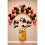 BalonArt İnşaat Temalı Doğum Günü Seti Kırmızı Sarı Siyah Balon Zinciri Kepçe Kamyon Mikser İyiki Doğdun Süsleme Seti 3 Yaş Konsepti