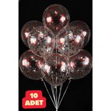 Baloncu Dede Kırmızı 10 Adet Konfetili Şeffaf Balon Doğum Günü Balonu Parçacıklı Balon Parlak Parçalı Balon