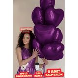Baloncu Dede Mor Kalpli Folyo Balon 5 Adet Helyum Uyumlu Balon Sevgili ve Özel Gün Balon