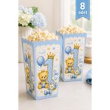 Baloncu Nene 1 Yaş Ayıcık Mısır Kutusu 8’li Set 8x11 cm Erkek Bebek İlk Yaş Doğum Günü Popcorn Kutusu