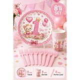 Baloncu Nene 1 Yaş Kız Bebek Ayıcık Temalı Doğum Günü Seti 8 Kişilik 24 Parça Karton Tabak Bardak Pembe Çatal