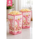 Baloncu Nene 1 Yaş Pembe Ayıcık Mısır Kutusu 8’li Set 8x11 cm Kız Bebek İlk Yaş Doğum Günü Popcorn Kutusu