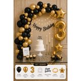 Baloncu Nene 3 Yaş Doğum Günü Süsleme Seti Siyah Gold Balon Zinciri Happy Birthday Seti