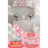 Baloncu Nene Happy Bırthday Yazısı ve 30 Adet Gümüş Konfetili İnci Beyazı Pembe Balon Parti Doğum Günü Konsepti