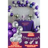 Baloncu Nene Happy Bırthday Yazısı ve Gümüş Konfetili 30 Adet Mor Gümüş Balon Parti Konsepti Doğum Günü Süsleme
