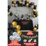 Baloncu Nene Happy Bırthday Yazısı ve Gümüş Konfetili 30 Adet Siyah Gold Balon Parti Konsepti Doğum Günü Süsleme