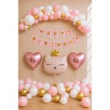 Baloncu Nene Kedi Temalı Doğum Günü Balon Seti Pembe Gold Beyaz Happy Birthday Kalp Folyo Balon