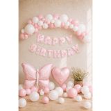 Baloncu Nene Kelebekli Doğum Günü Balon Süsleme Seti Pembe Beyaz Happy Birthday Banner Folyo Balon