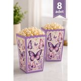 Baloncu Nene Mor Pembe Kelebek Temalı Mısır Kutusu 8’li Set 8x11 cm Kız Çocuk Doğum Günü Popcorn Kutusu